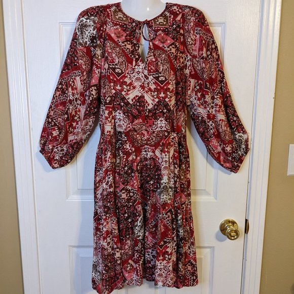 Calvin Klein Maroon Pink White Mixed Print Long Sleeve Dress - size 4 - Picture 1 of 14